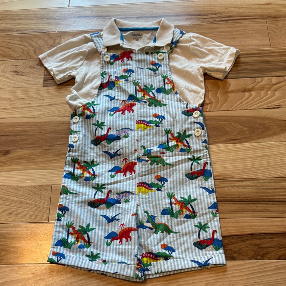 NWT 3/4 Dino overalls and GUC off white shirt